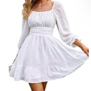 EXLURA Women‘s Tie Back Swiss Dot Square Neck Ruched Long Sleeve